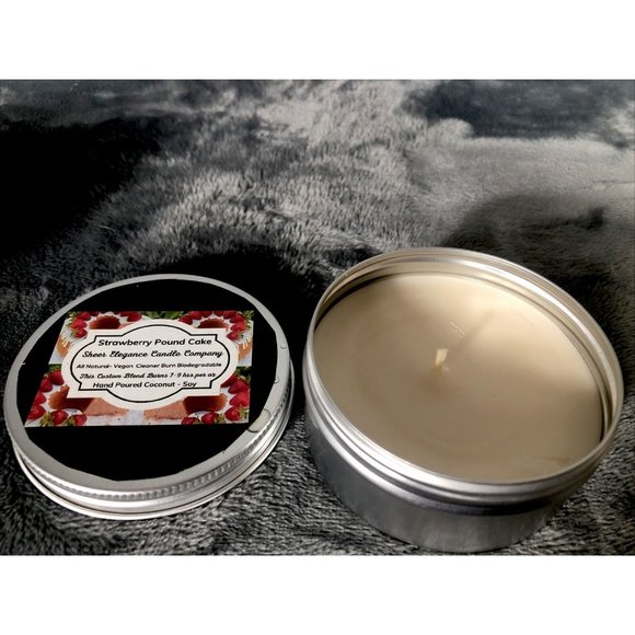 Hand Poured Candles Coconut Soy Blend Strawberry Poundcake 4 Ounce Tin - Picture 4 of 4